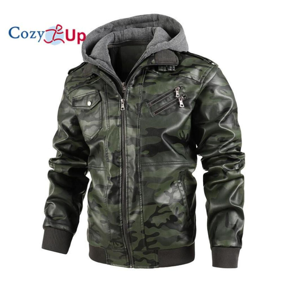 (green, L) Cozy Up Men's Casual Stand Collar Pu Faux Leather Zip-up Motorcycle Bomber Jacket With A Removable Hood
