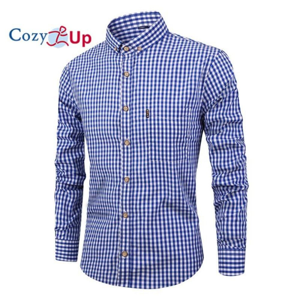 (navy blue, M) Cozy Up Men Plaid Cotton Casual Slim Fit Long Sleeve Button Down Dress Shirts