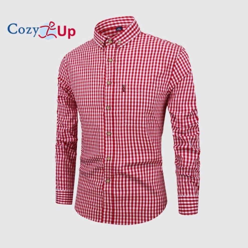 (red, 3XL) Cozy Up Men Plaid Cotton Casual Slim Fit Long Sleeve Button Down Dress Shirts