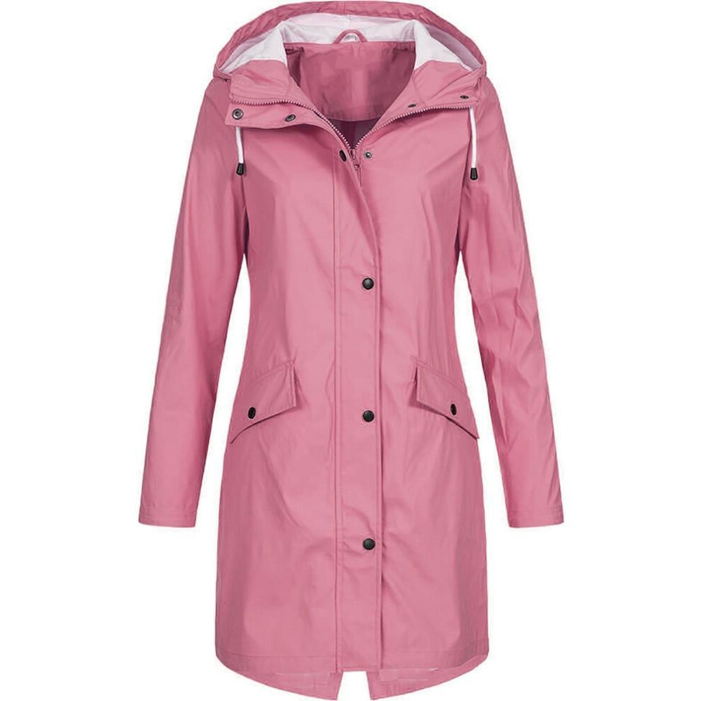 (pink, L) Women&apos;s Solid Rain Jacket Outdoor Hoodie Waterproof Long Coat Overcoat Windproof