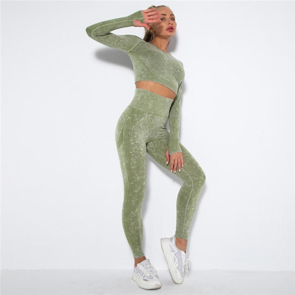 (army green, M) Auroth Women Seamless Tie Dye Yoga Set Workout Sportswear Long Sleeve Top High Waist Leggings Sports Suits