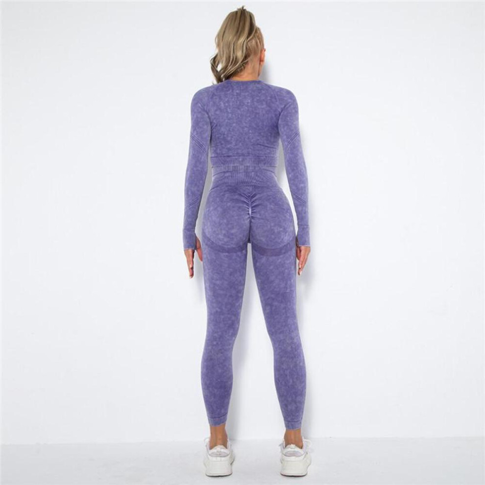 (purple, L) Auroth Women Seamless Tie Dye Yoga Set Workout Sportswear Long Sleeve Top High Waist Leggings Sports Suits