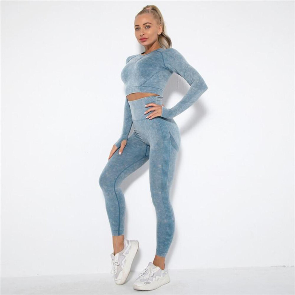 (blue, S) Auroth Women Seamless Tie Dye Yoga Set Workout Sportswear Long Sleeve Top High Waist Leggings Sports Suits