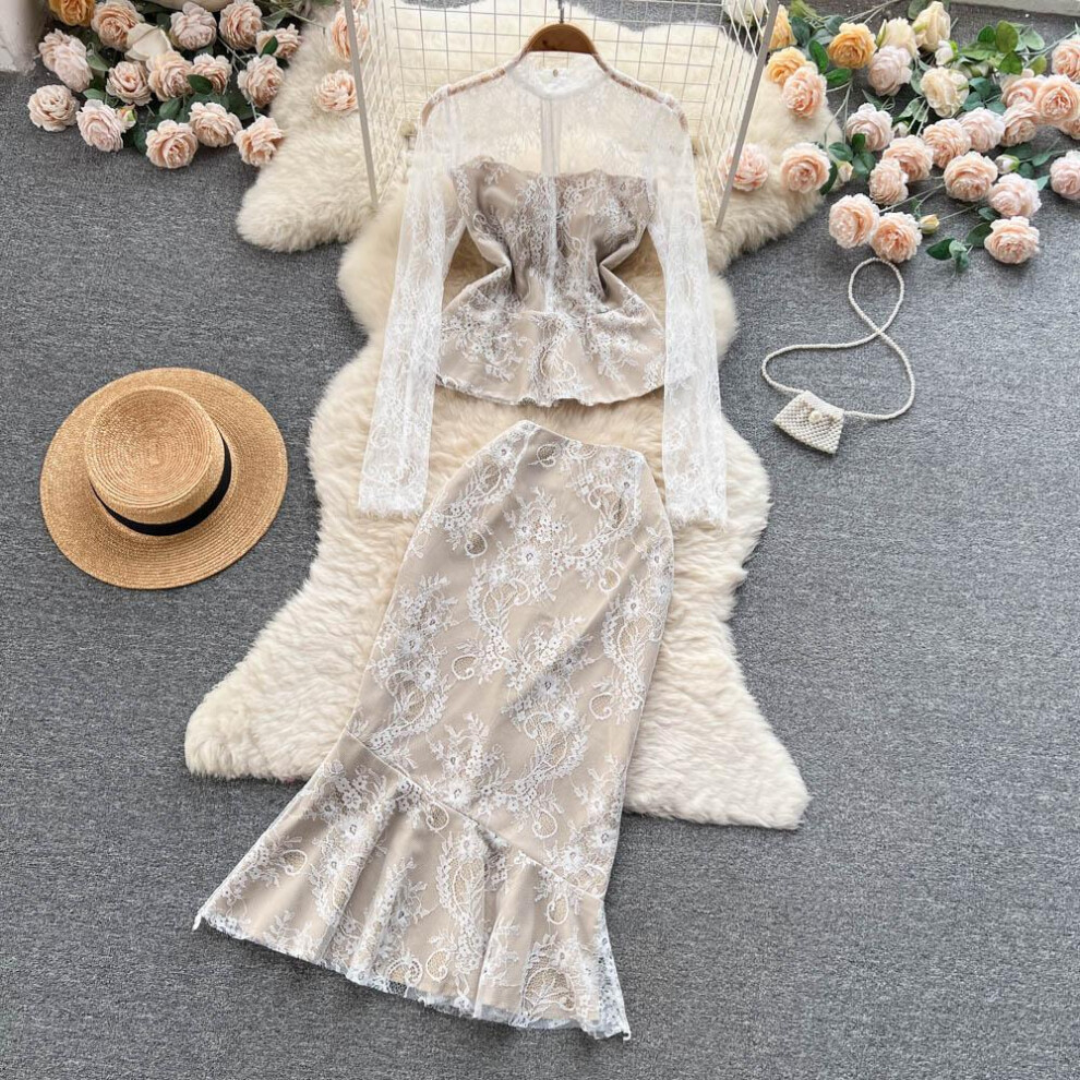 (beige, L) Women Spring Summer Fashion Lace Office Business Outfits Stand Collar Hollow Out Hooked Blouse Shirt + Wrapped Fishtail Skirt Two Piece Set