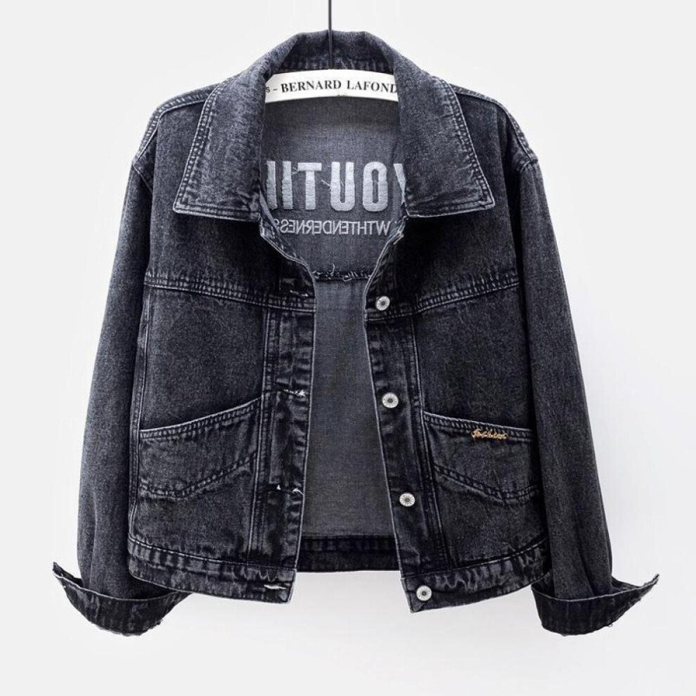 (black,gray, 2XL) Plus Size Embroidered Denim Women Spring Autumn Casual Long Sleeve Short Jean Jacket Streetwear Loose Outerwear