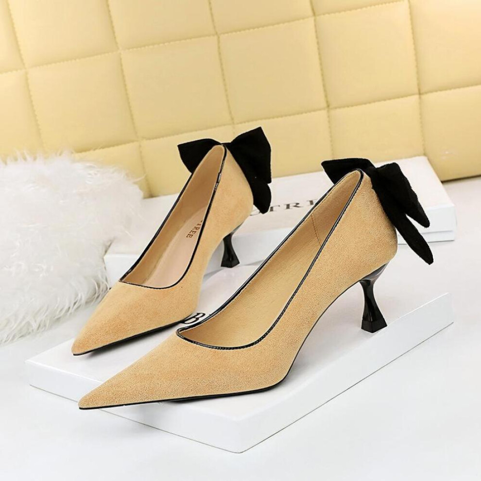 (khaki, 34) Fashionable Sweet Medium Heel Women&apos;s Shoes Thin Heel Shallow Mouth Pointed Fleece Color Contrast Bow Single Shoes