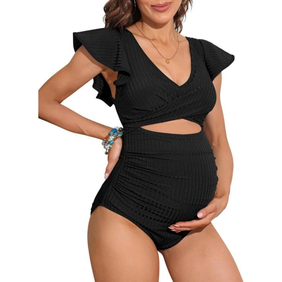(black, S) Charmleaks Maternity Swimsuit Ribbed One Piece Ruffle Sleeve Bathing Suit Ruched Cut-out Tie Knot Pregnancy Swimwear