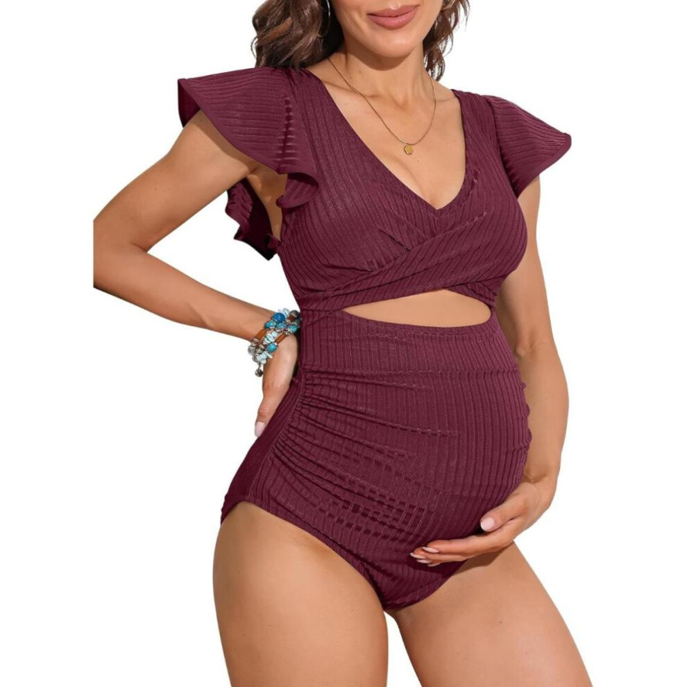 (burgundy, M) Charmleaks Maternity Swimsuit Ribbed One Piece Ruffle Sleeve Bathing Suit Ruched Cut-out Tie Knot Pregnancy Swimwear