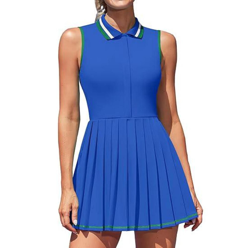 (blue, XS) Charmleaks Women Tennis Dresses Ribbed Polo Golf Dress Half Zip Pleated Workout Dress With Built In Shorts And Bra