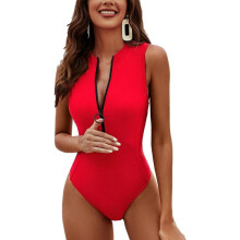 (red, M) Charmleaks Women Athletic One Piece Swimsuit Zipper Racerback Mock Neck Full Coverage Bathing Suit