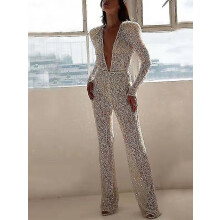(L) Women's Jumpsuit Beaded Sequin Solid Color Deep V Elegant Party Wedding Regular Fit Long Sleeve