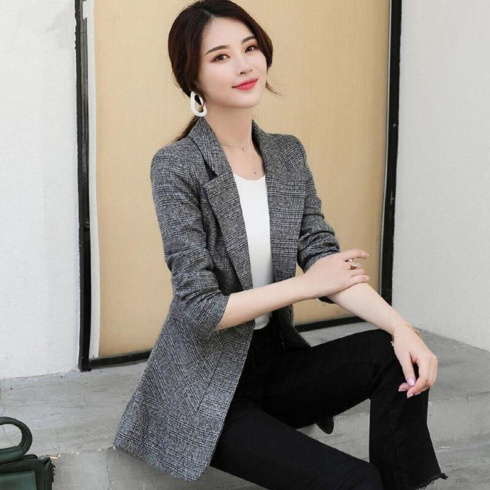 (grey, 2XL) Women Spring Autumn Plaid Blazer Long Sleeve Slim Checked Coat Formal Jacket Office Suit Lady Outerwear