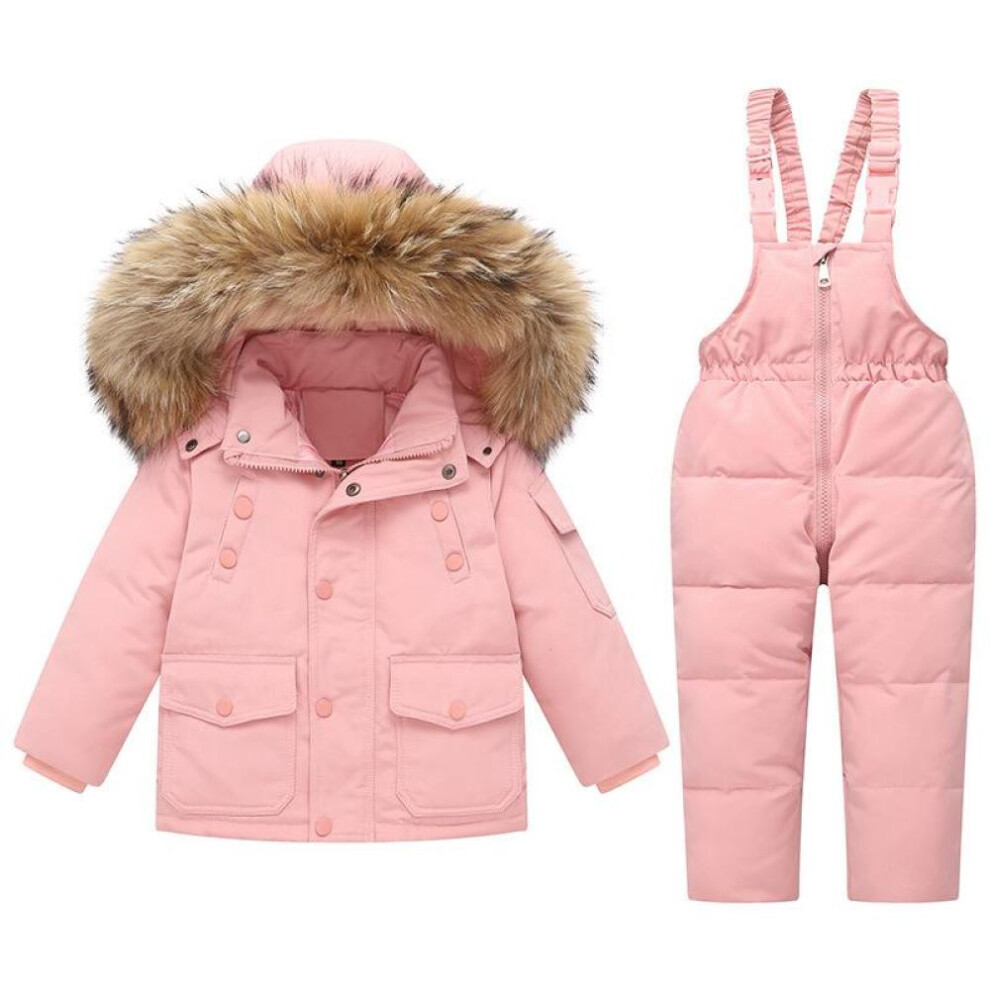 (pink, 110(4T)) 1-6 Years Stylish Set Baby Girl Winter Down Jacket And Jumpsuit Zipper Elastic Waist Romper Suit Loose Fur Collar Warm Kids Girls Snowsuit 2024 New