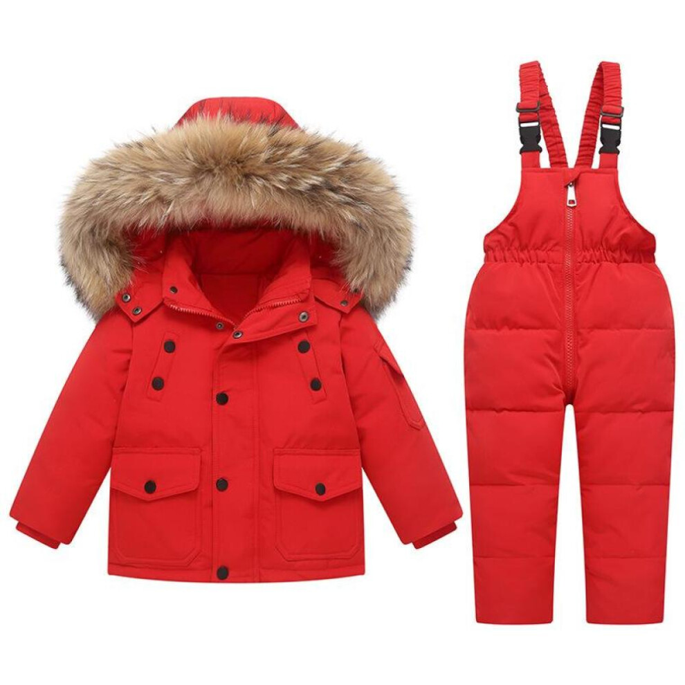 (red, 120(5-6T)) 1-6 Years Stylish Set Baby Girl Winter Down Jacket And Jumpsuit Zipper Elastic Waist Romper Suit Loose Fur Collar Warm Kids Girls Snowsuit 2024 New
