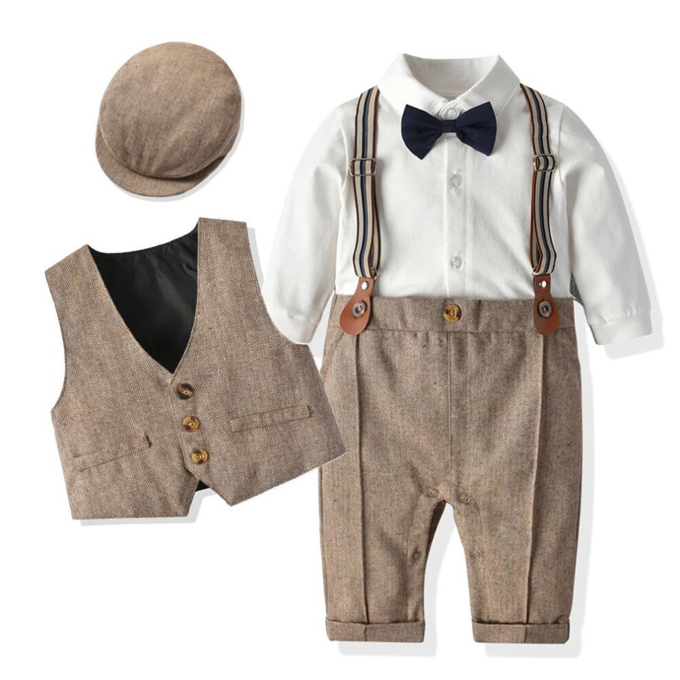 (khaki, 59(3-6M)) Newborn Boy Formal Clothes Set Infant Boy Gentleman Birthday Romper Outfit With Hat Vest Long Sleeve Infant Jumpsuit Suit Formal