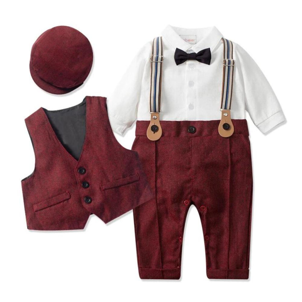 (dark red, 59(3-6M)) Newborn Boy Formal Clothes Set Infant Boy Gentleman Birthday Romper Outfit With Hat Vest Long Sleeve Infant Jumpsuit Suit Formal