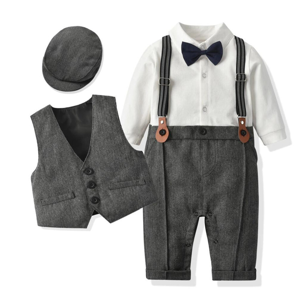 (grey, 73(9-12M)) Newborn Boy Formal Clothes Set Infant Boy Gentleman Birthday Romper Outfit With Hat Vest Long Sleeve Infant Jumpsuit Suit Formal