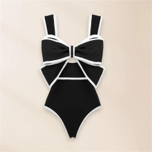 (black, S) 2024 Black White Retro One Piece Swimsuit Women Bow Tie Swimwearexy Bathing Suit Monokini Beach Bodysuit Beach Wear