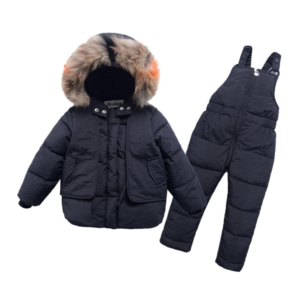 (black, 100(3T)) 2pcs Set Winter Children&apos;s Down Jacket Real Fur Collar Baby Girl Clothes Warm Boy Ski Suit Kid Snowsuit White Parka Outwear Coat