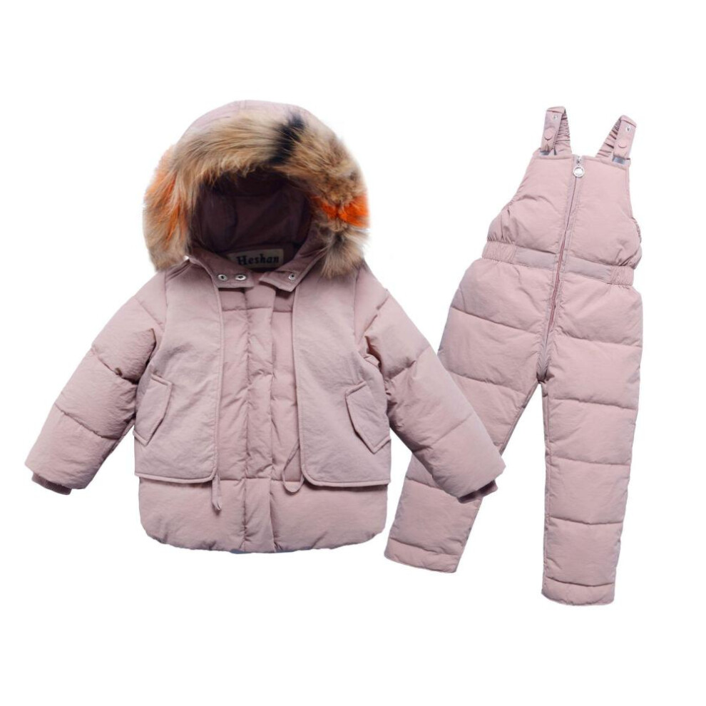 (pink, 110(4T)) 2pcs Set Winter Children&apos;s Down Jacket Real Fur Collar Baby Girl Clothes Warm Boy Ski Suit Kid Snowsuit White Parka Outwear Coat