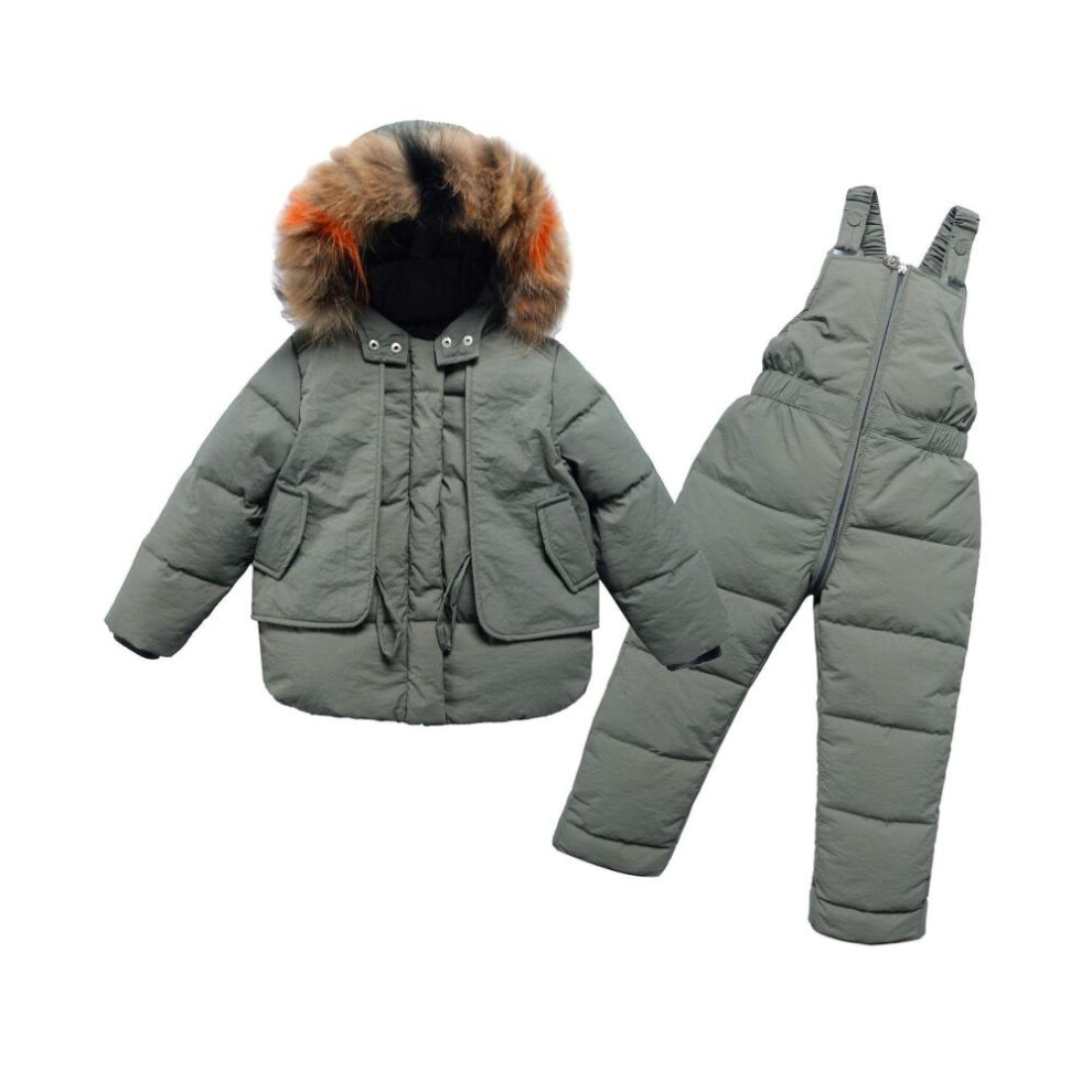 (green, 130(7T)) 2pcs Set Winter Children&apos;s Down Jacket Real Fur Collar Baby Girl Clothes Warm Boy Ski Suit Kid Snowsuit White Parka Outwear Coat