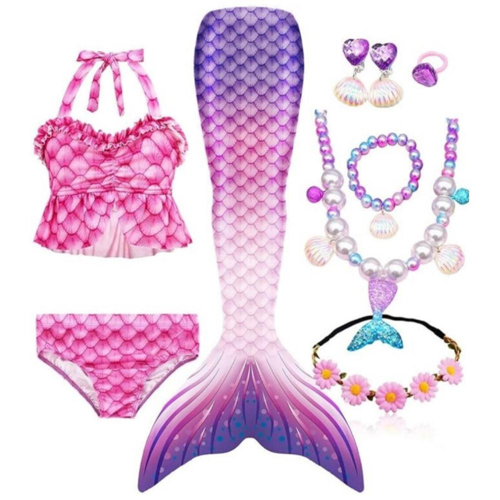 (purple, 130(7-8T)) Mermaid Tails for Swimming for Girls Swimmable Swimsuit Kids Bathing Suits Birthday Gift 3-12 Years (NO Monofin)