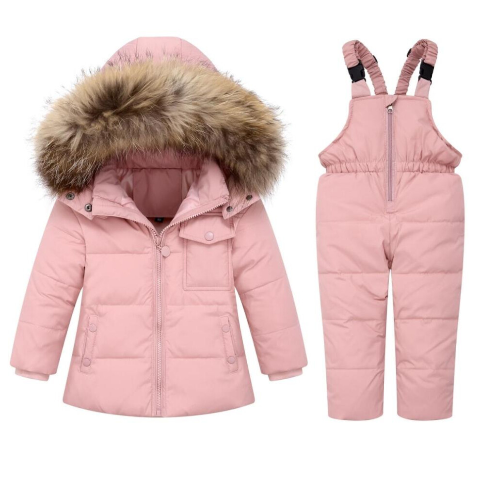 (baby pink, 120(5T)) 2pcs Set  Baby Girls Boys Winter Hooded Snowsuit Puffer Down Jacket With Snow Ski Bib Pants 2-piece Set 2024 Black Pink Red 1-5years