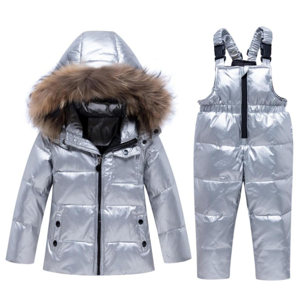 (silver, 120(5T)) 2pcs Set  Baby Girls Boys Winter Hooded Snowsuit Puffer Down Jacket With Snow Ski Bib Pants 2-piece Set 2024 Black Pink Red 1-5years