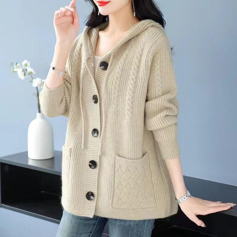 (beige, L) Thick Knitted Hooded Cardigan For Middle-aged And Elderly Women In Short  Length