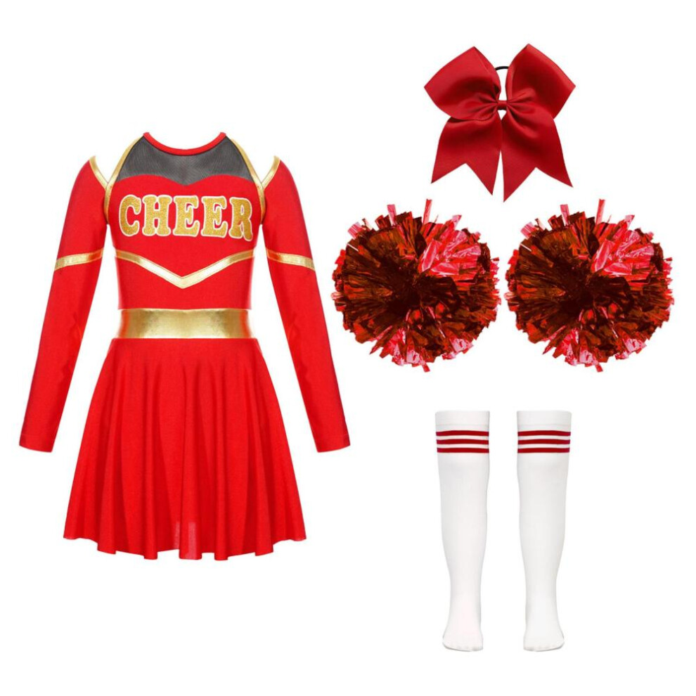 (red, 13-14 Years) Kids Girls Dance Outfit Round Neck Long Sleeve Dress With Shorts Bowknot Headwear Hand Flowers Socks Cheerleading Uniform Outfits