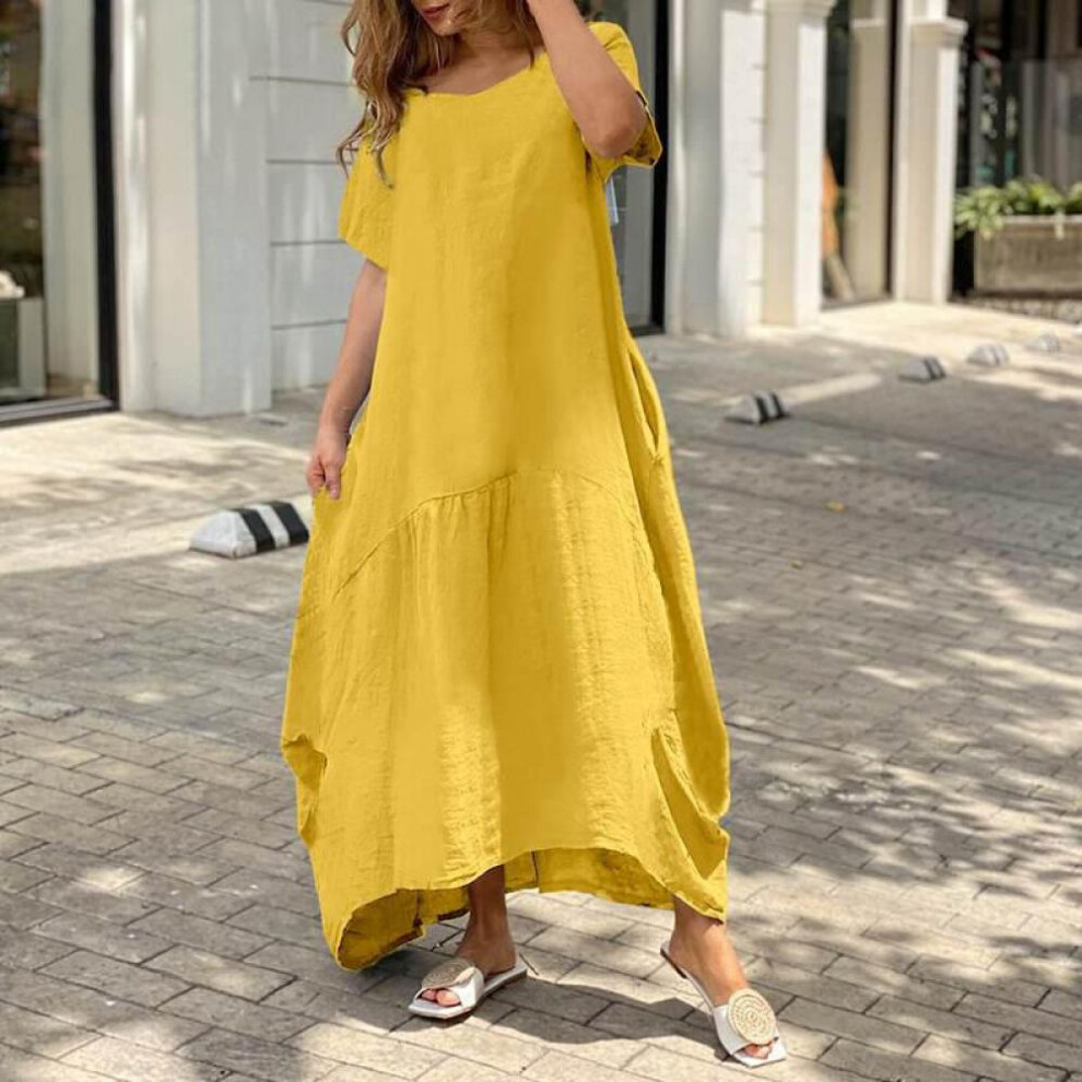 (yellow, XXL) Spring And Summer Literary Loose Large Size Cotton Linen Long Dresses Dresses