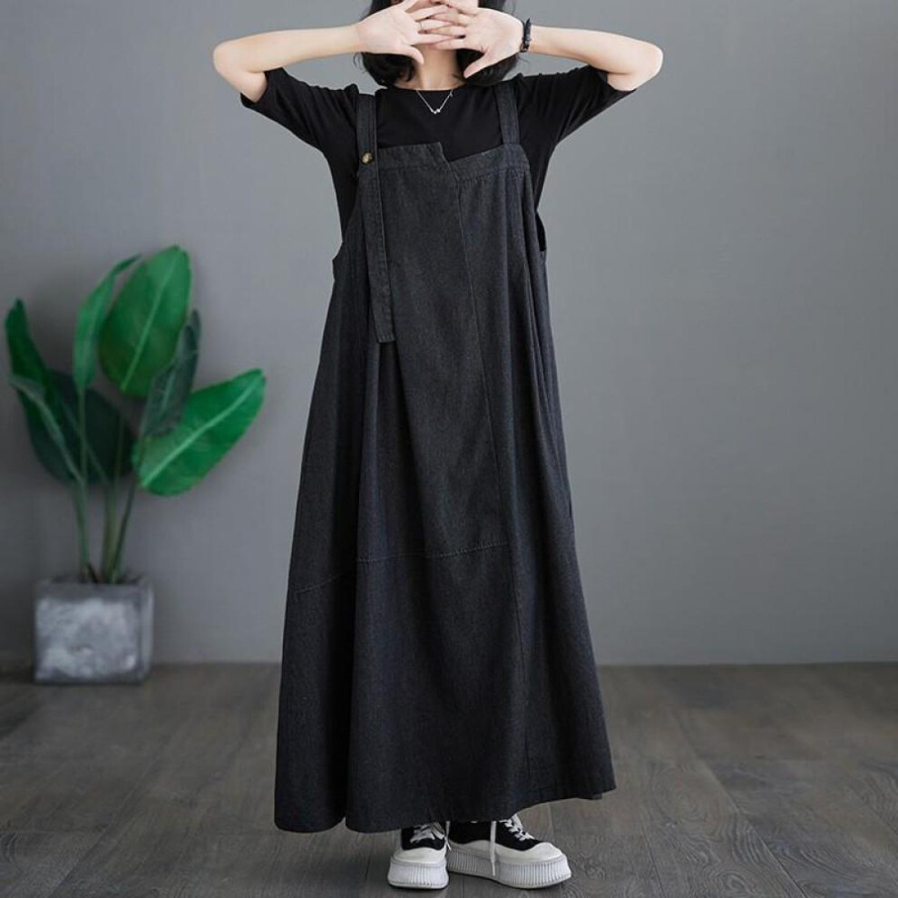 (black, XL) Suspenders Denim Dress Women Spring And Summer Plus Size Women Loose Fashion Back Dress