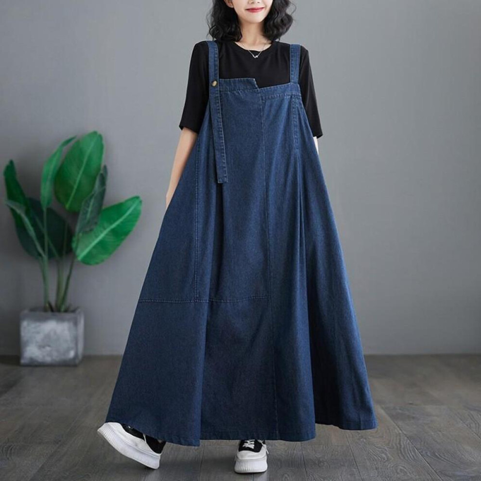 (dark blue, M) Suspenders Denim Dress Women Spring And Summer Plus Size Women Loose Fashion Back Dress