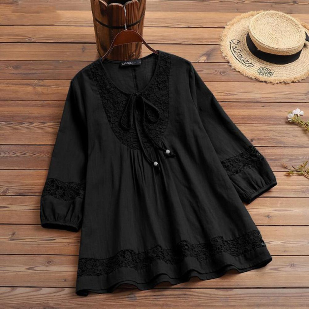 (black, 5XL) Cotton And Linen Splicing Lace Loose Top T-shirt