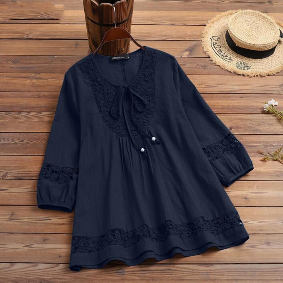 (navy, 5XL) Cotton And Linen Splicing Lace Loose Top T-shirt