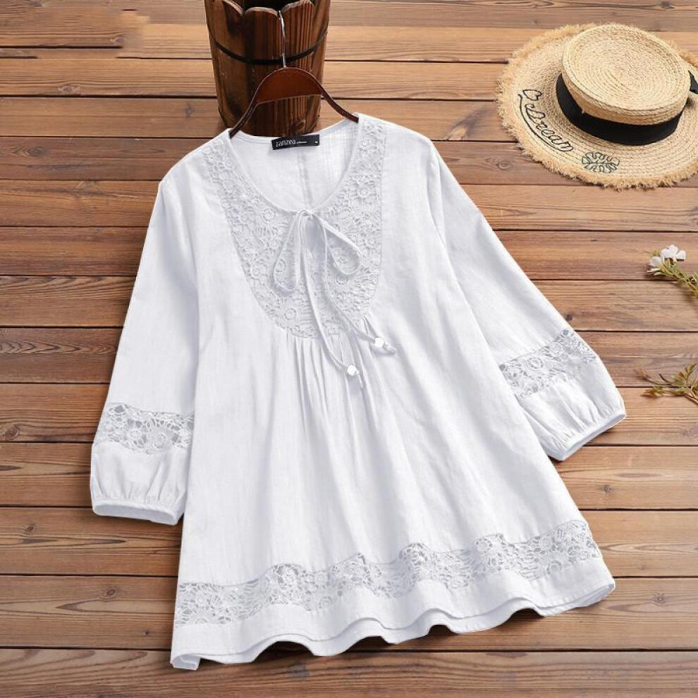 (white, S) Cotton And Linen Splicing Lace Loose Top T-shirt