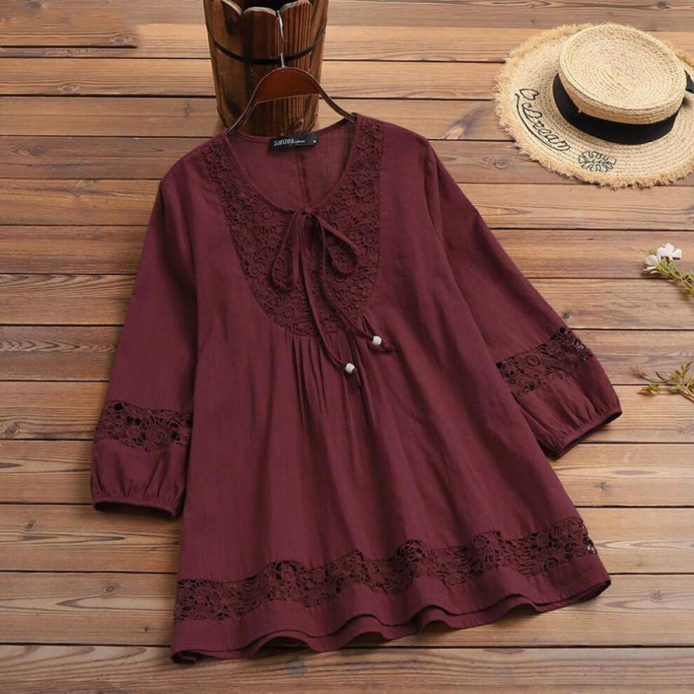 (burgundy, 5XL) Cotton And Linen Splicing Lace Loose Top T-shirt