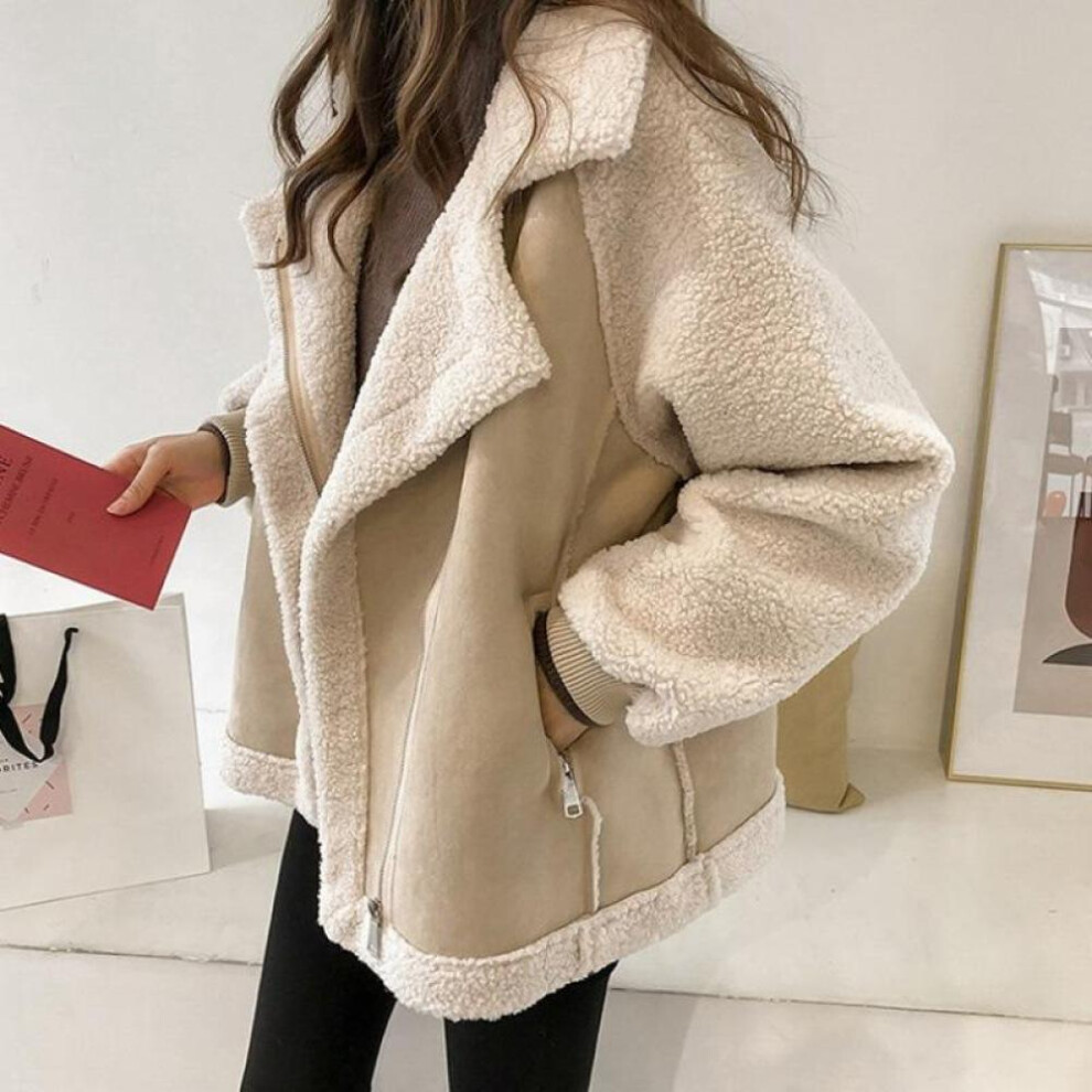 (apricot, M) S-4xl Autumn And Winter New Coat Women Wild Loose Suede Short Lamb Velvet Motorcycle Jacke