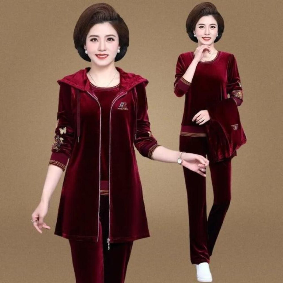 (wine red, 4XL) Mom's Velvet Tracksuit Women Embroidered Plus Size 3 Piece Outfit Casual Zip Up Hooded Waistcoat + T-shirt + Pants Set Sweatsuit