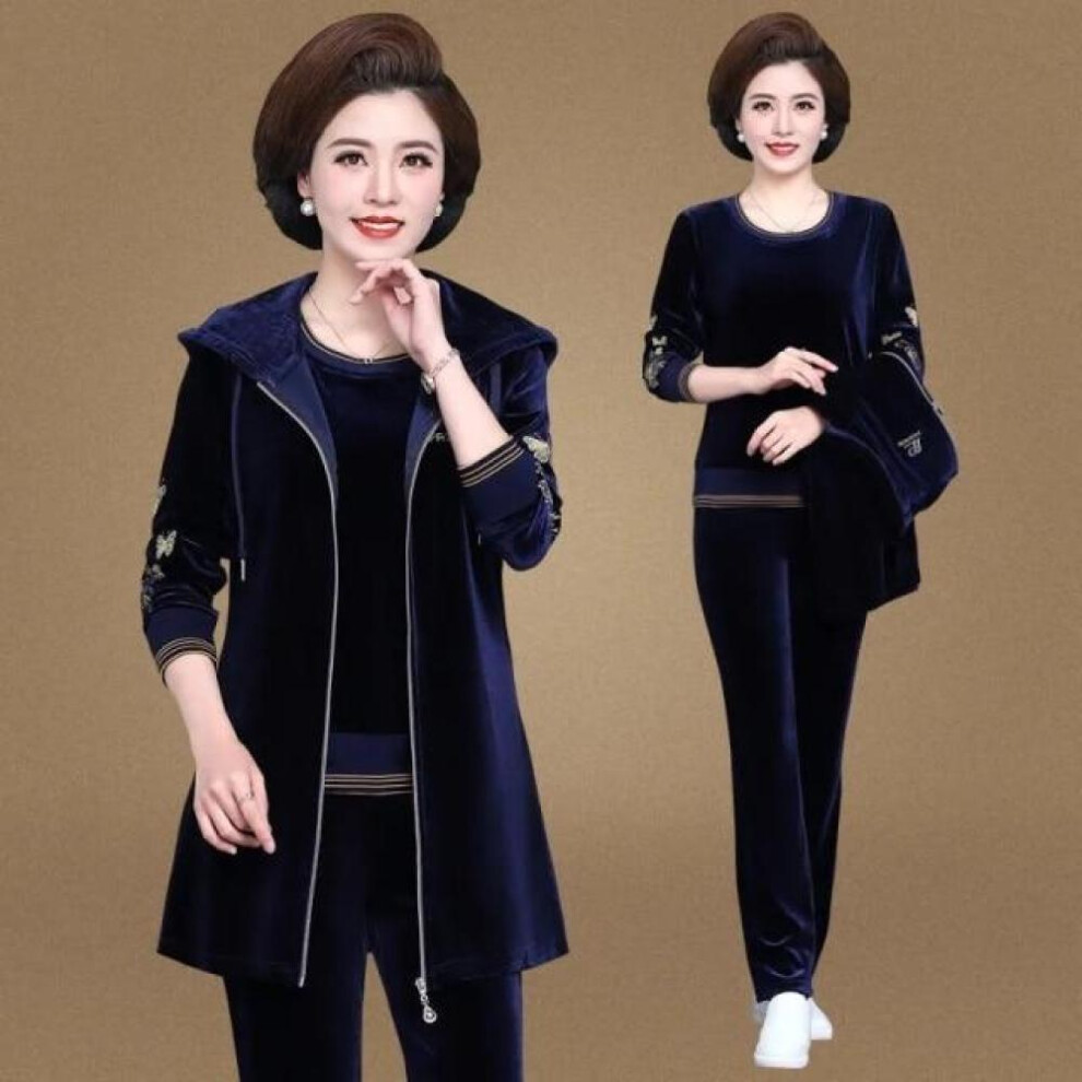 (royal blue, XL) Mom's Velvet Tracksuit Women Embroidered Plus Size 3 Piece Outfit Casual Zip Up Hooded Waistcoat + T-shirt + Pants Set Sweatsuit