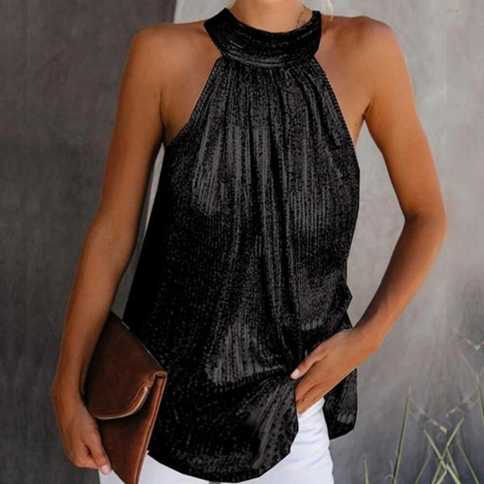 (black, XXXXL) Womens Fashion Shiny Halter Neck Tank Tops Vest Ladies Summer Casual Solid Color Sleeveless T Shirt Blouse Black Gold Silver