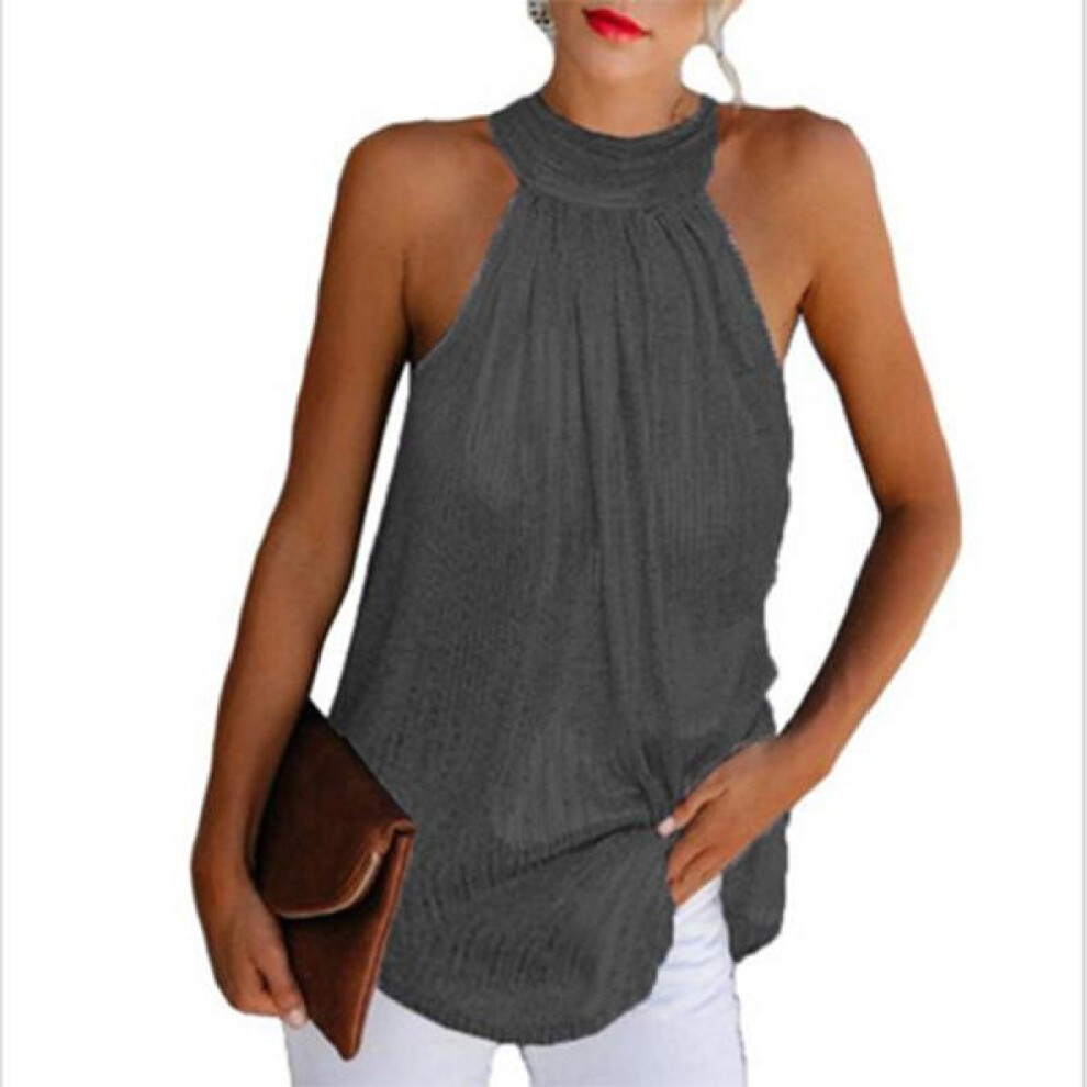 (grey, M) Womens Fashion Shiny Halter Neck Tank Tops Vest Ladies Summer Casual Solid Color Sleeveless T Shirt Blouse Black Gold Silver