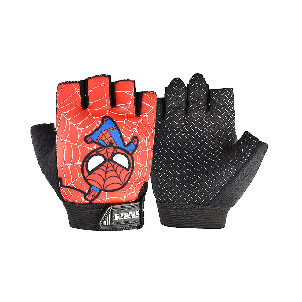 (Red, S) Reducedbreathable Cartoon Spider-man Riding Kids Gloves Half Finger Bike Sports Cycling