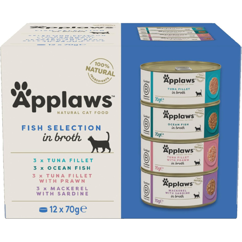 Applaws Natural Wet Cat Food, Multipack Fish Selection in Broth 70 g Tin (Pack of 12)