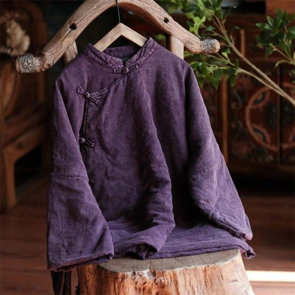 (dark purple, One Size) Johnature Women Chinese Style Stand Purple Long Sleeve Plus Cotton Vintage Winter Coats Button Cotton Linen Coats