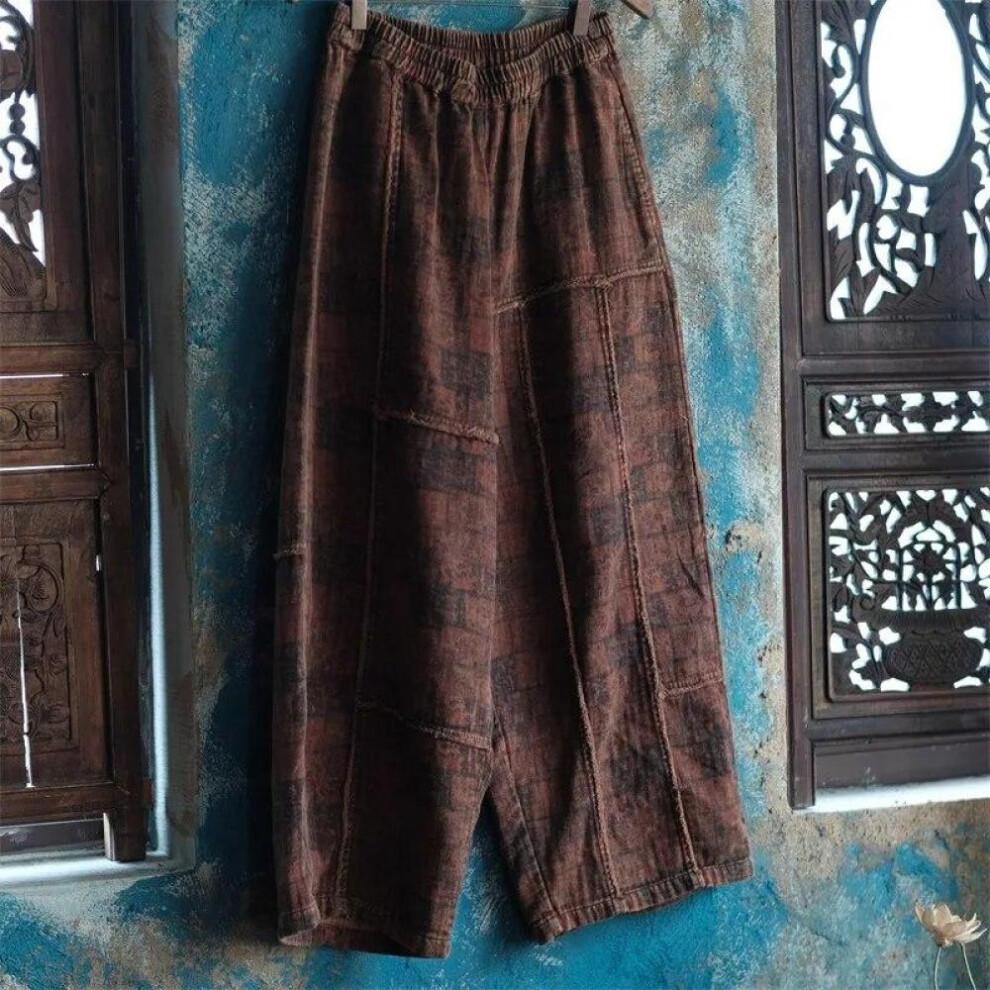 (brown, One Size) Johnature Women Vintage Print Floral Wide Leg Pants Elastic Waist Cotton Blend Loose Trouser Autumn Women Long Pants