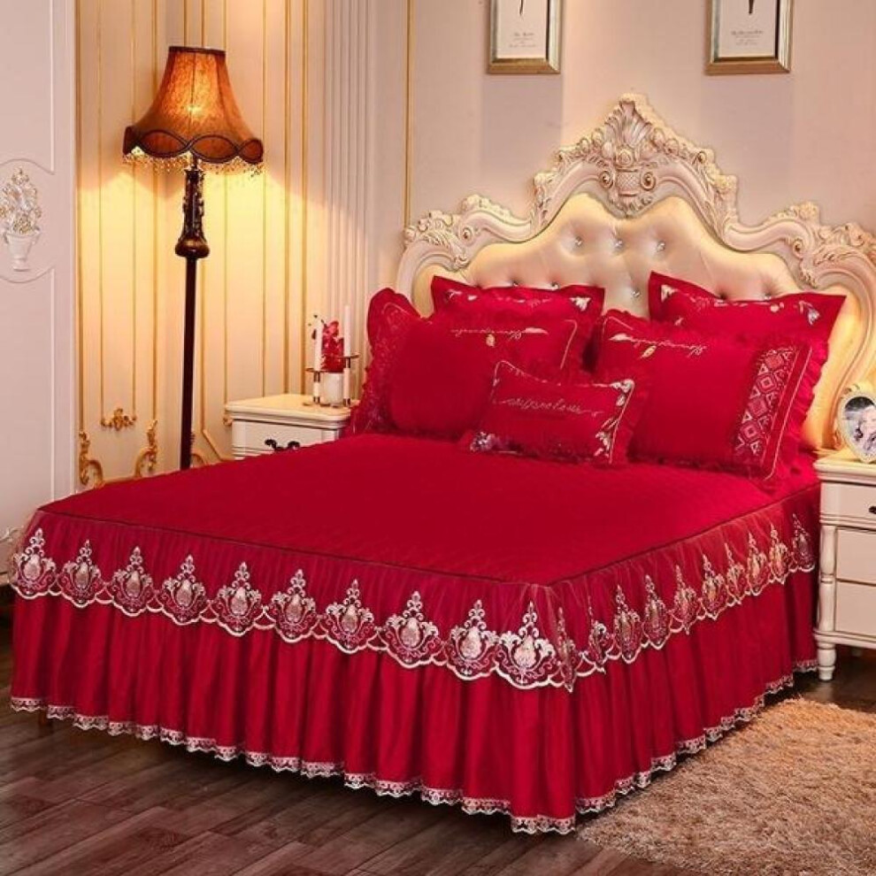 (red, Skirt sheet 200x220cm) (no Pillowcase)bedding Sets Textile Princess Lace Quilted Bedcover Bedspread Polyester Cotton Luxury Bed Cover Skirts Bedspread Polyester Cotton