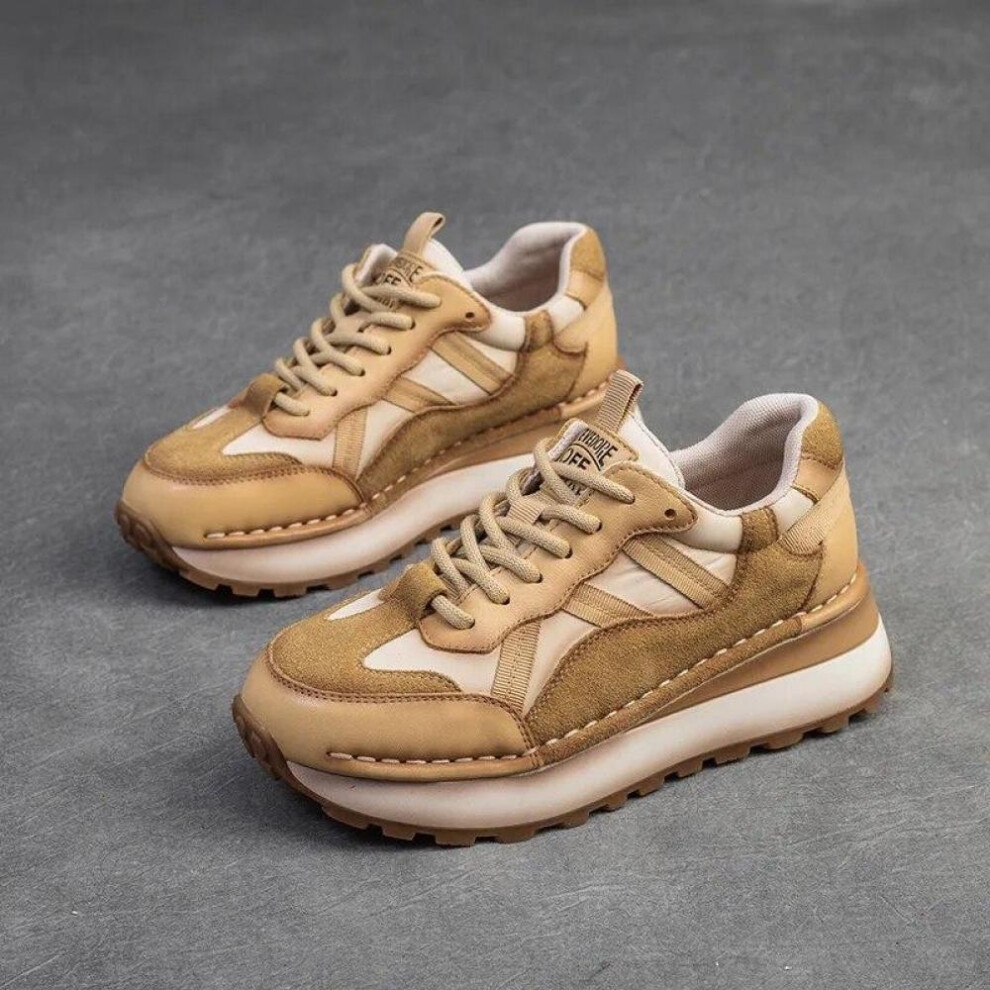(yellow, 37) Johnature Genuine Leather Sneakers Casual Sports Shoes Round Toe Lacd-up Retro Versatile Women&apos;s Flat Shoes