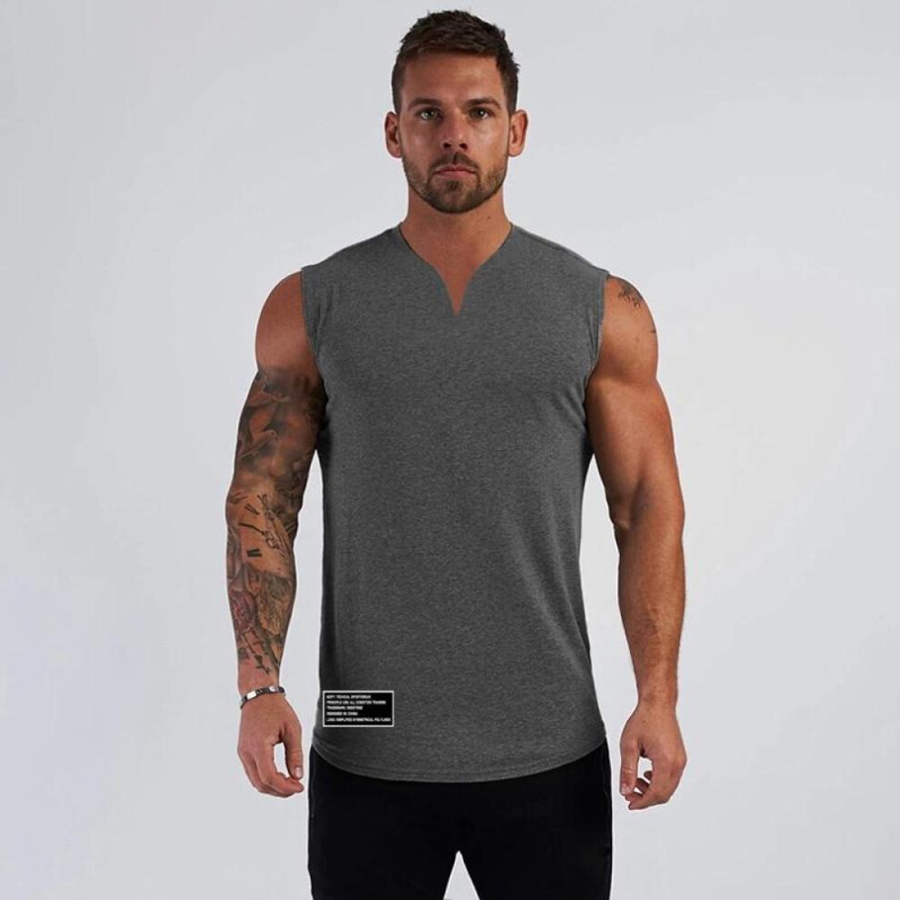 (gray, XXL) Men&apos;s Sportswear Sleeveless T-shirt Men&apos;s Workout Cotton V-neck  Printed Tank Tops  Fitness And Gym Clothing Muscle Vest