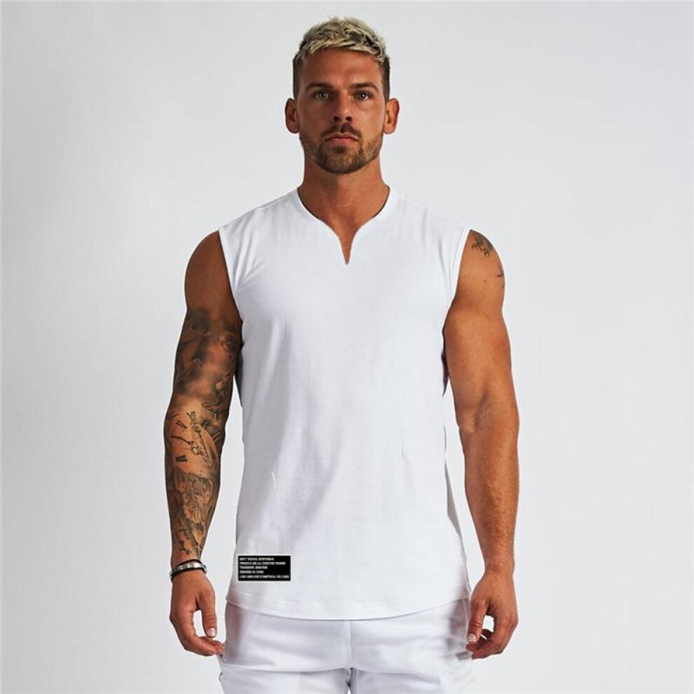 (white, L) Men&apos;s Sportswear Sleeveless T-shirt Men&apos;s Workout Cotton V-neck  Printed Tank Tops  Fitness And Gym Clothing Muscle Vest